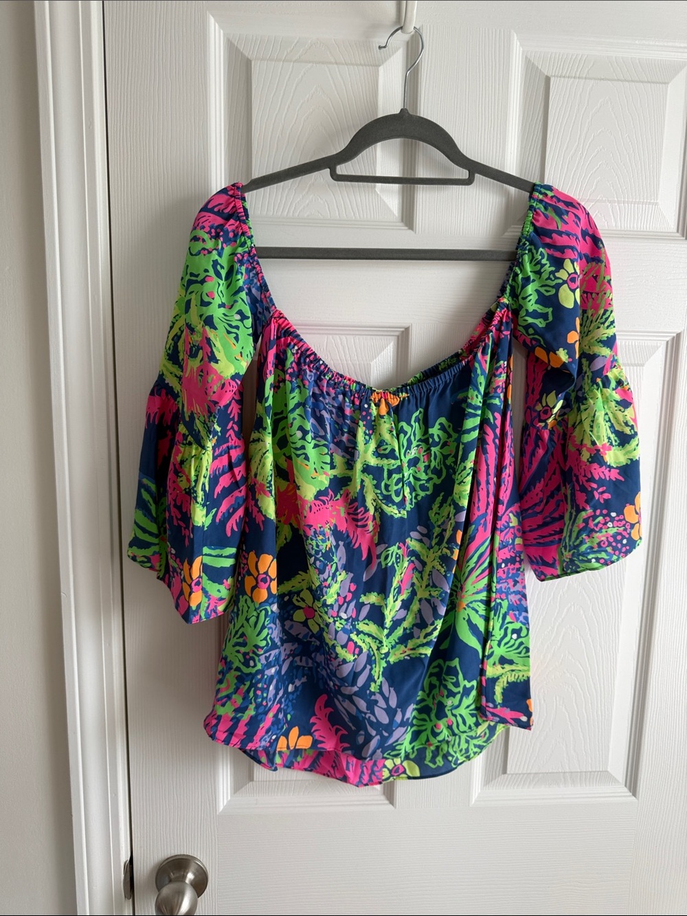 Lilly Pulitzer Navy Floral Off-Shoulder Top with Pink & Lime Accents